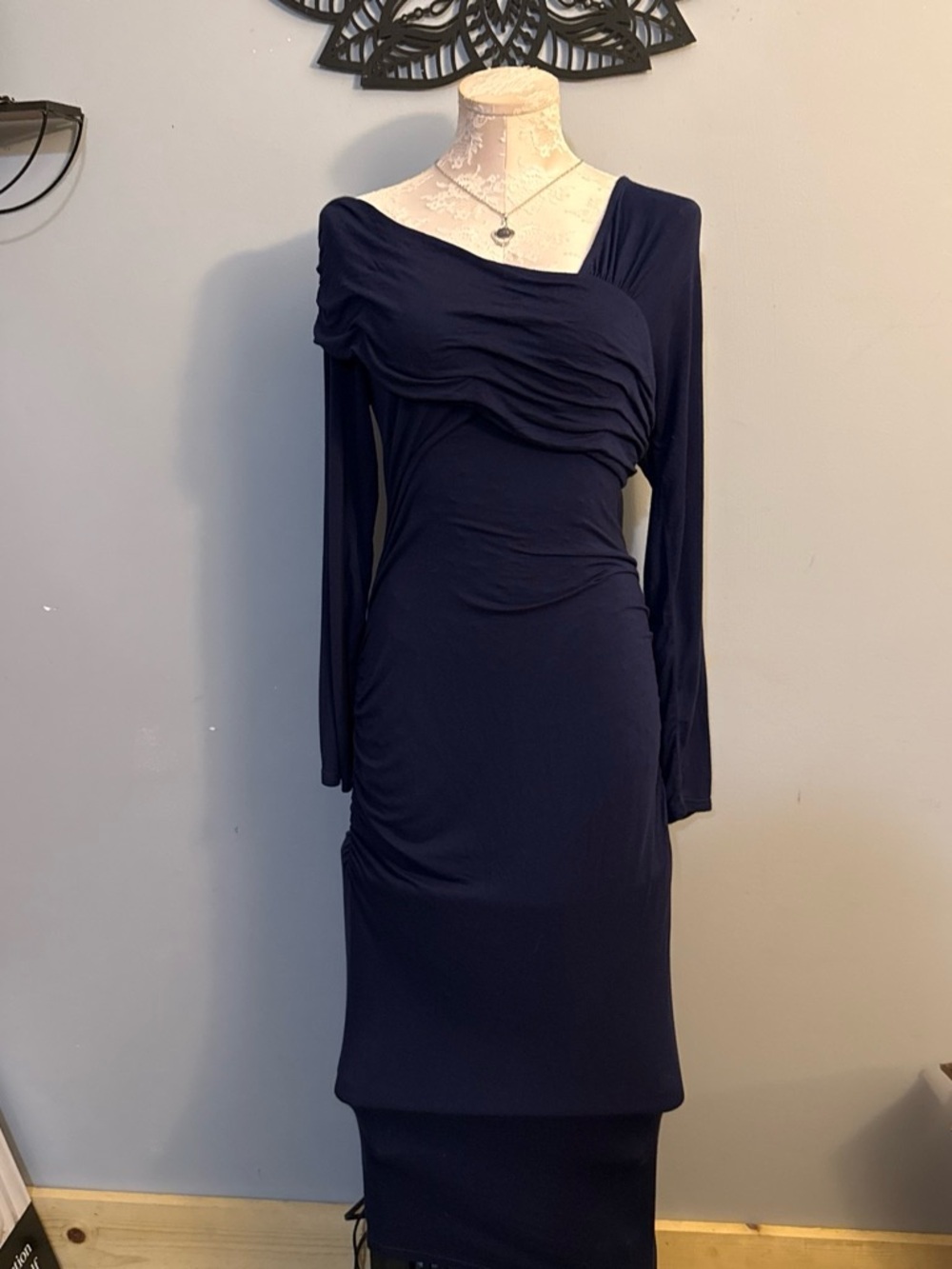 VENUS Midnight Blue Long-Sleeve Draped Wrap Dress LG